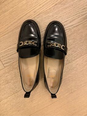Sam Edelman Black Patent Loafers with Gold Chain Detail